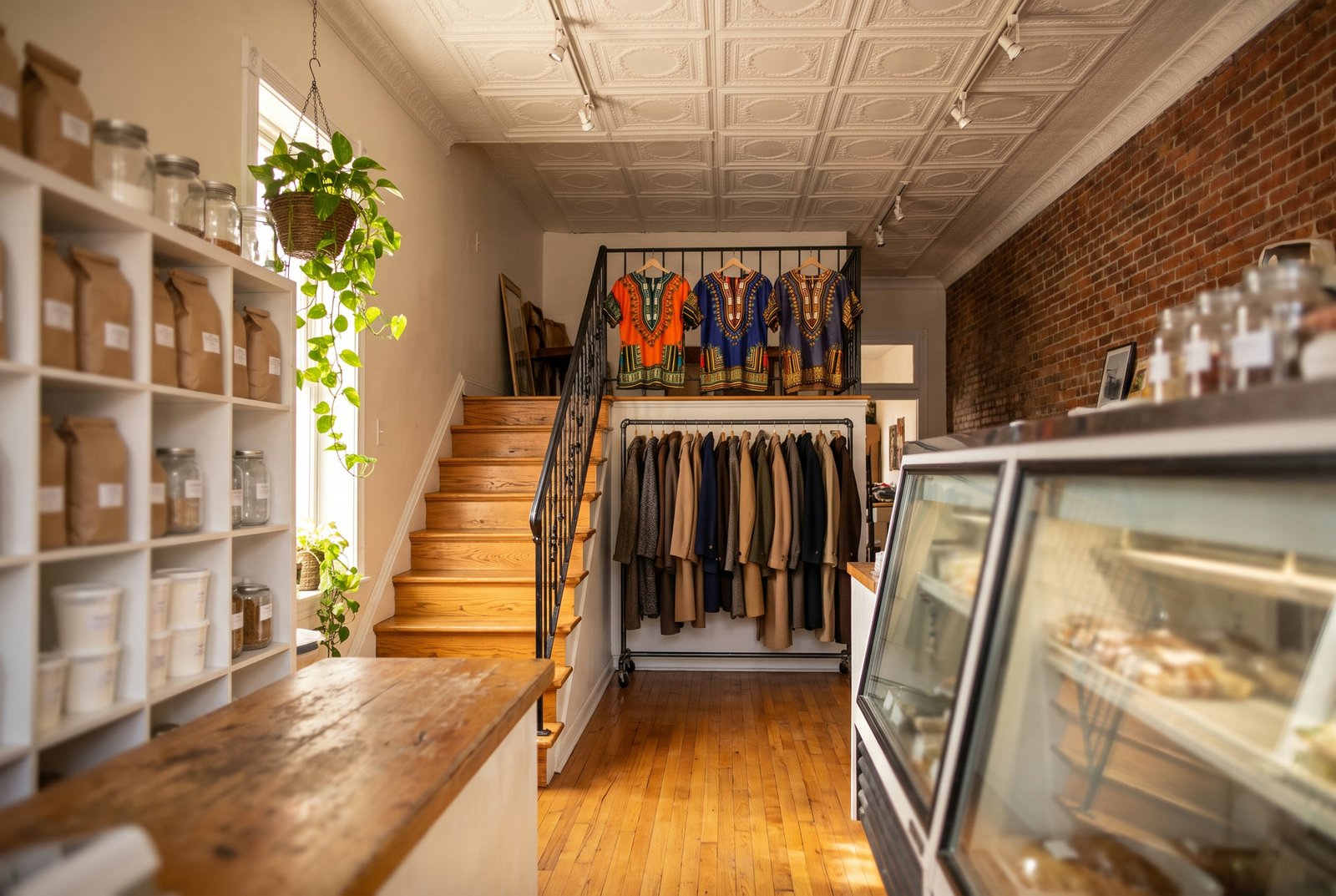 The inside of the shop: a pressed tin ceiling, an exposed brick wall, hardwood floors, and a wooden staircase rising to a mezzanine hung with African print shirts and a rail of vintage coats.
